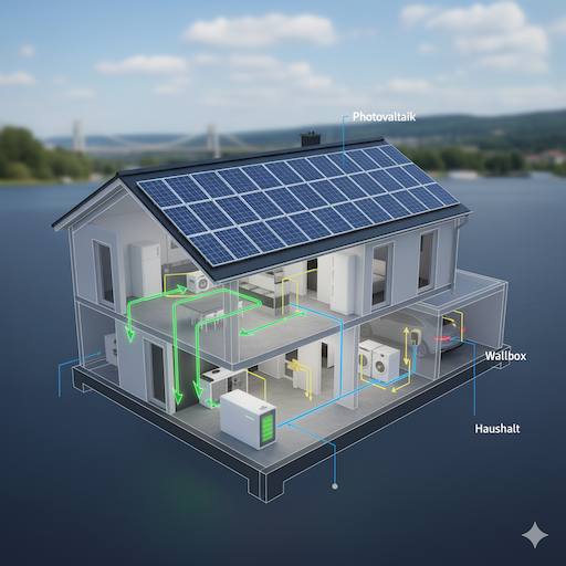 Schematische Darstellung einer Energie-Contracting-Lösung mit Photovoltaik, Stromspeicher, Wallbox und Haushaltsverbrauch